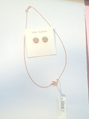 Tory Burch Rose Gold Logo Necklace with Matching Stud Earrings-BRAND NEW